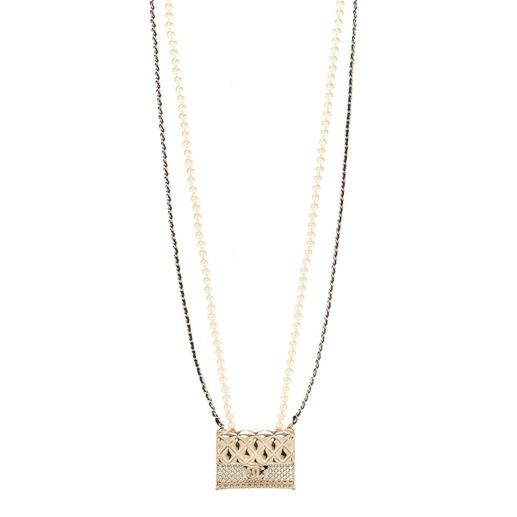 Metal Lambskin Pearl Chain Flap Bag Long Necklace Gold Black Pearly White