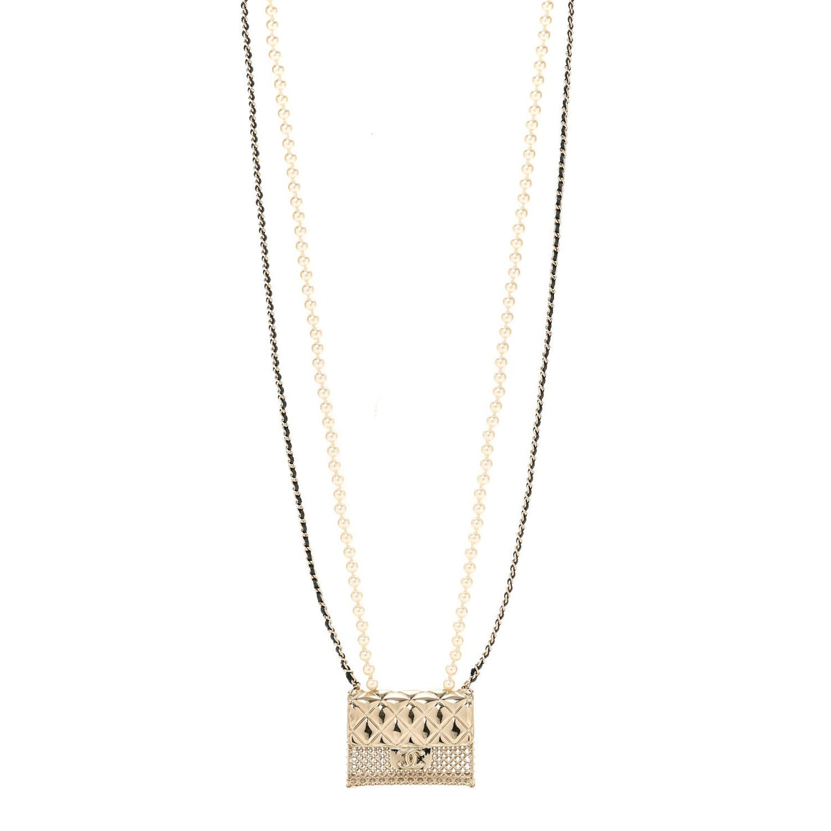 Metal Lambskin Pearl Chain Flap Bag Long Necklace Gold Black Pearly White