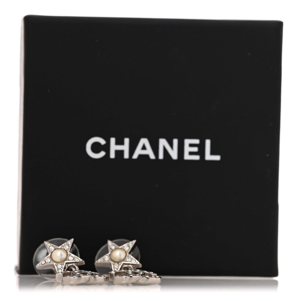 Crystal CC Pearl Star Drop Earrings Silver