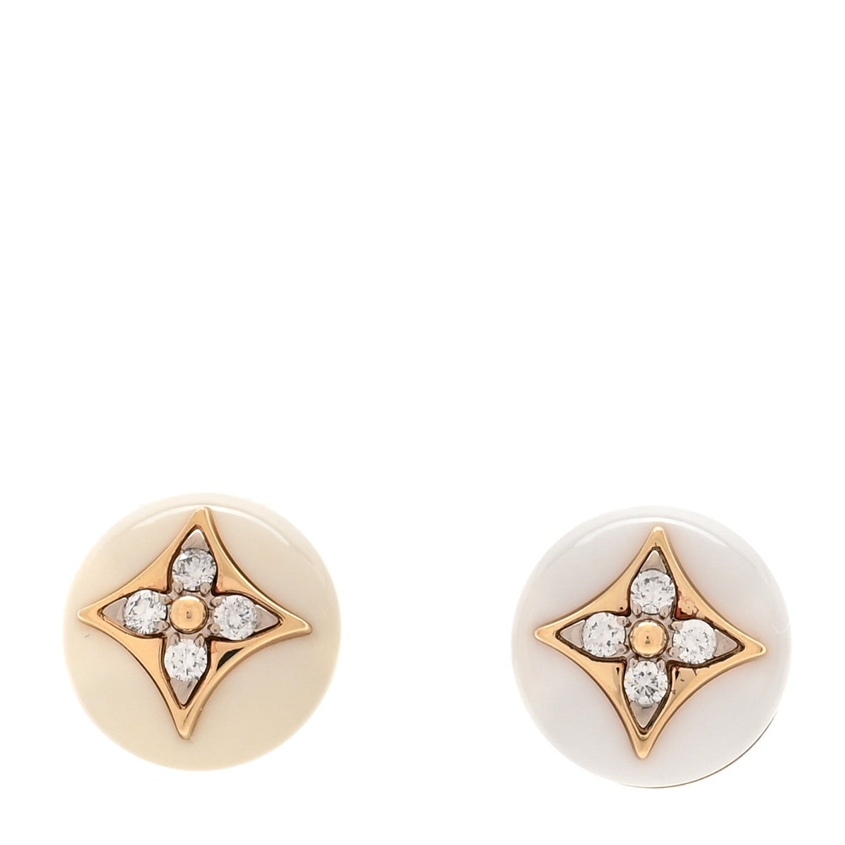 18K Yellow Gold Diamond White Agate Color Blossom BB Star Stud Earrings