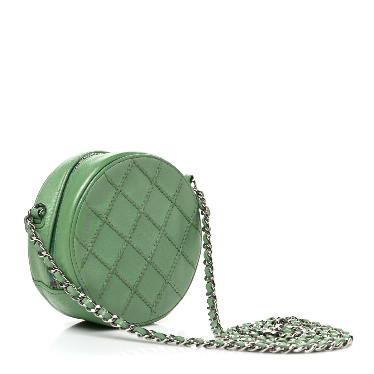 Lambskin Stitch Round Clutch With Chain Green
