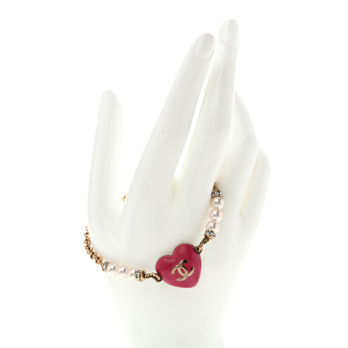 Resin Crystal Pearl Chain Heart CC Bracelet Pink White Gold