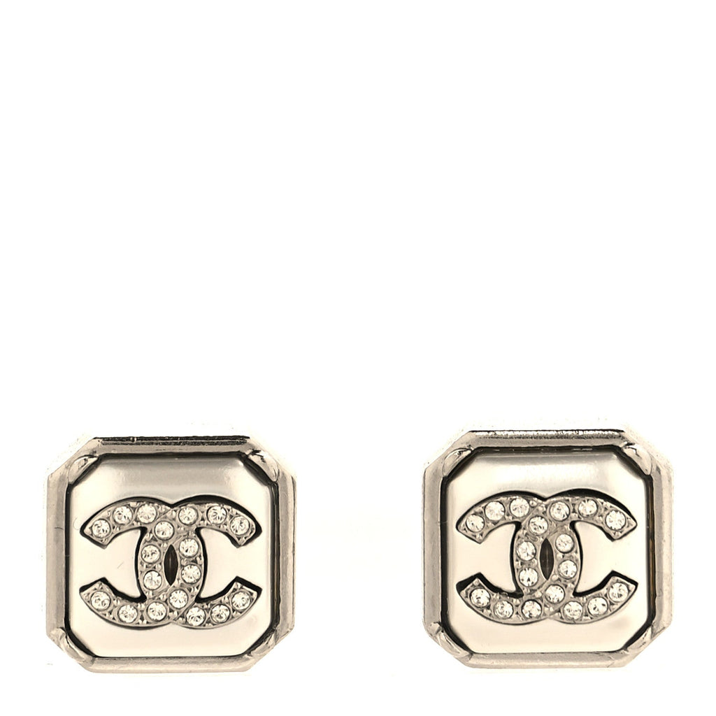 Pearl Crystal CC Square Earrings Silver