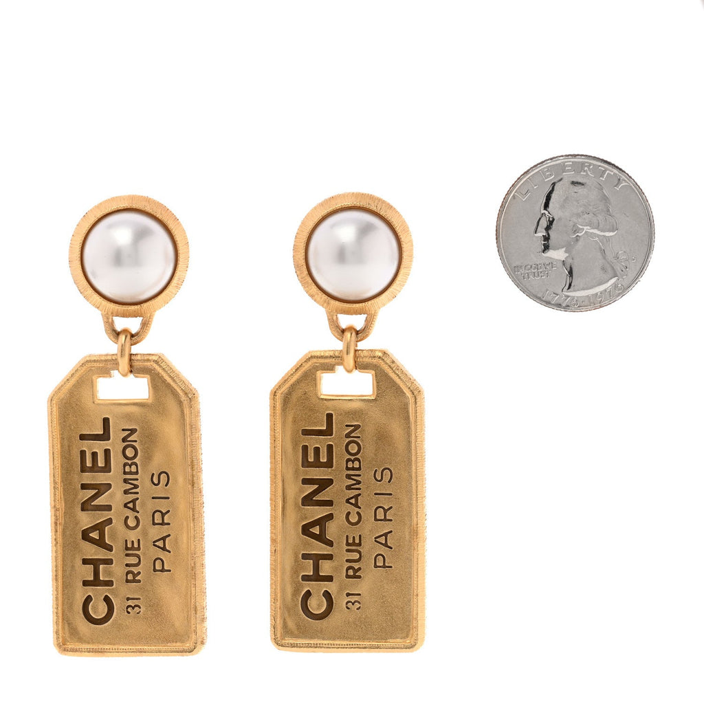 Pearl CC Tags Drop Earrings Gold