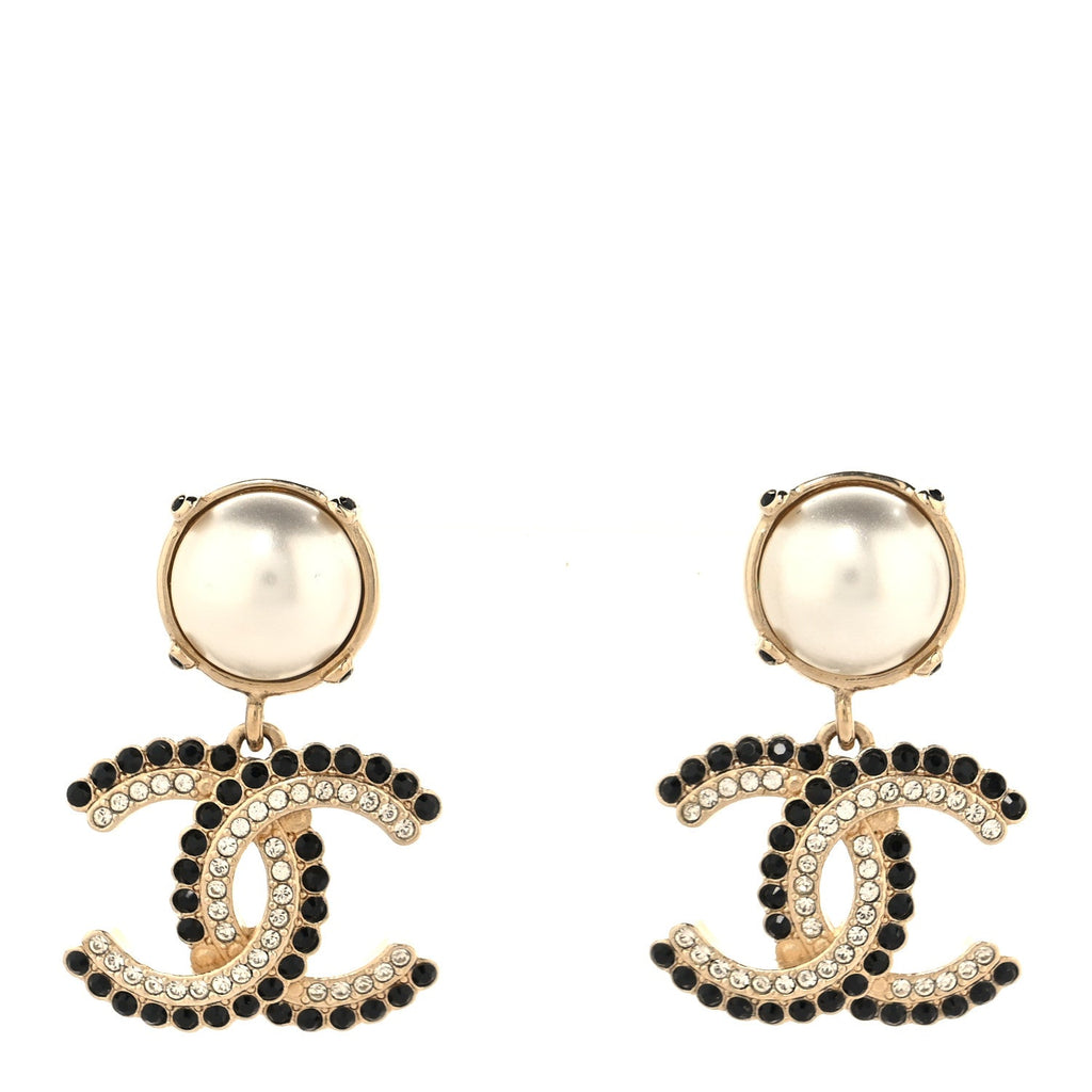 Pearl Crystal CC Drop Earrings Black Gold