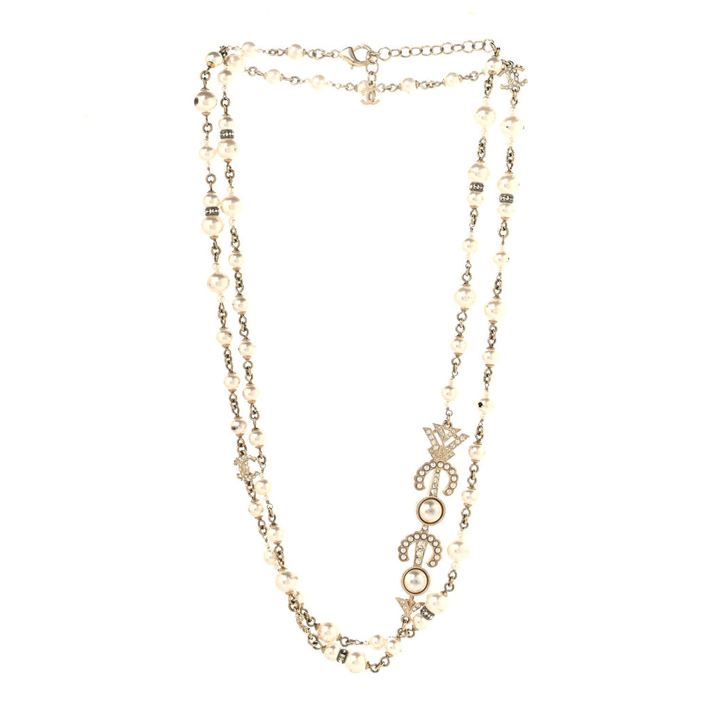 Pearl Crystal CC Coco Necklace Gold