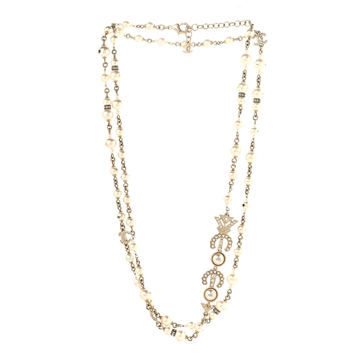 Pearl Crystal CC Coco Necklace Gold