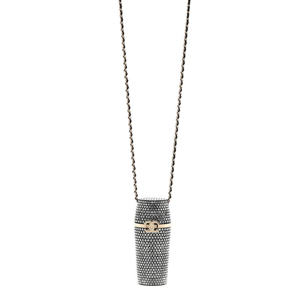 Metal Resin Lambskin Crystal Lipstick Case Long Necklace On Chain Silver Black Gold