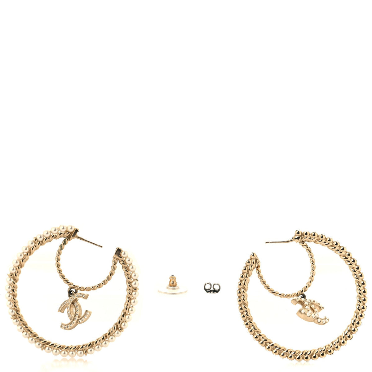 Crystal Pearl CC Drop Hoop Earrings Gold Pearly White