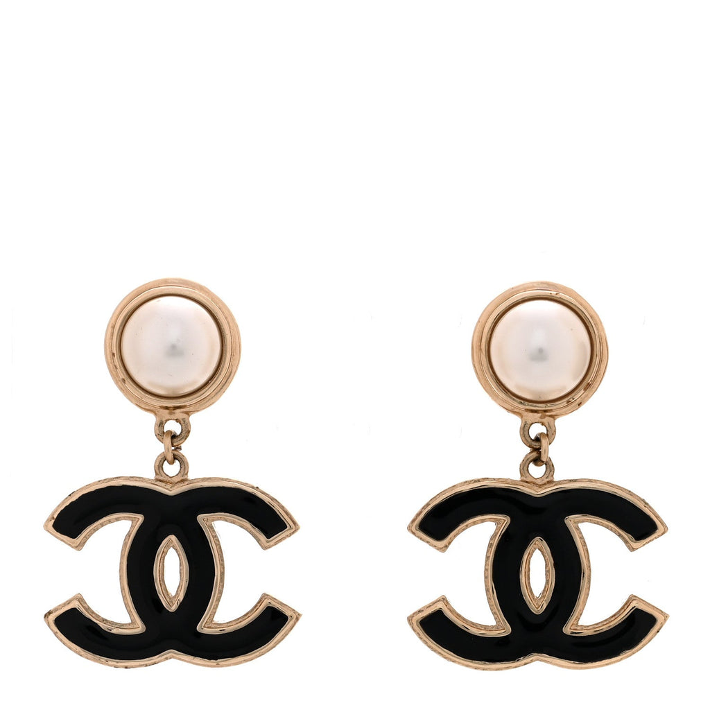 Pearl Enamel CC Drop Earrings Black