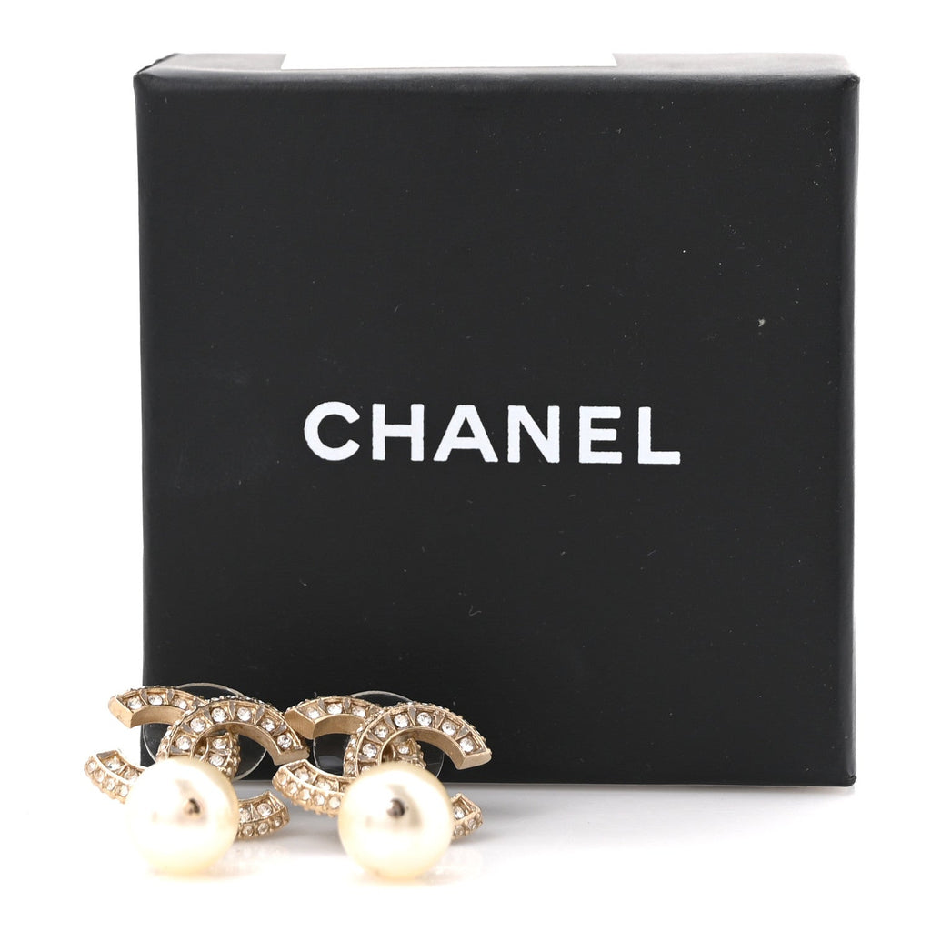 Crystal Pearl CC Drop Earrings Gold
