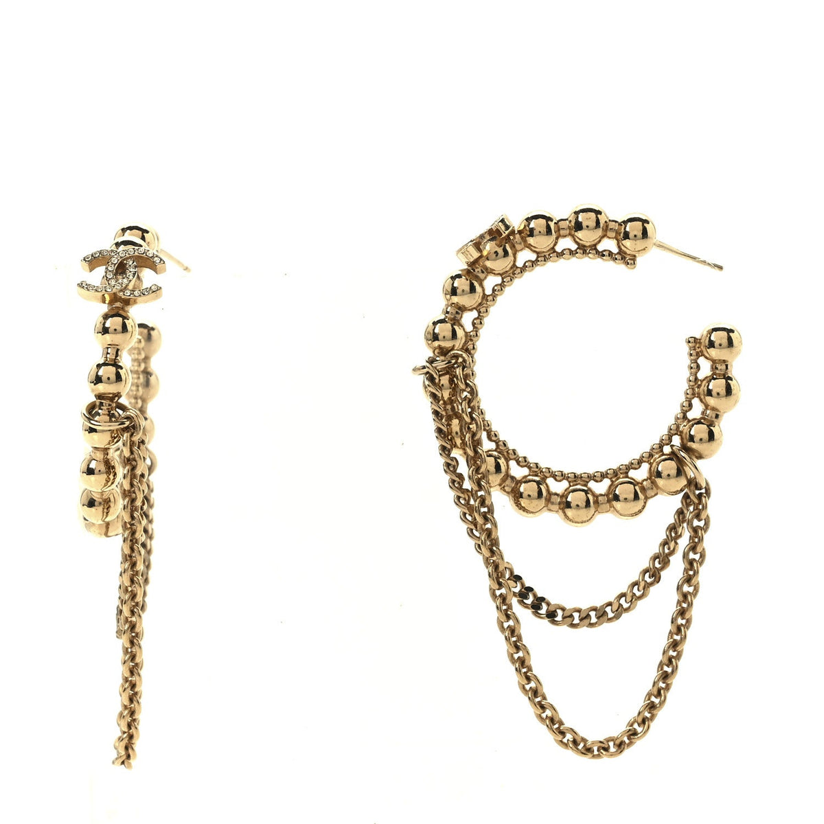 Metal Crystal Bead Chain CC Hoop Earrings Gold
