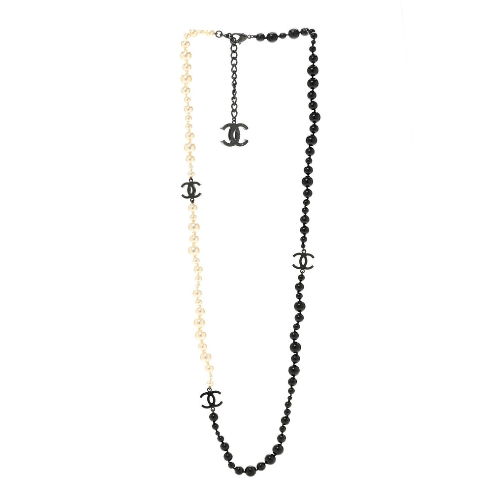 Ruthenium Pearl Beaded Enamel CC Long Necklace White Black