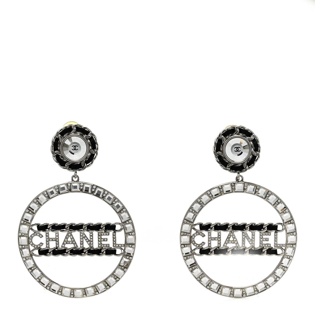 Crystal Lambskin Chain CC Hoop Clip On Earrings Black Silver