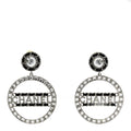 Crystal Lambskin Chain CC Hoop Clip On Earrings Black Silver