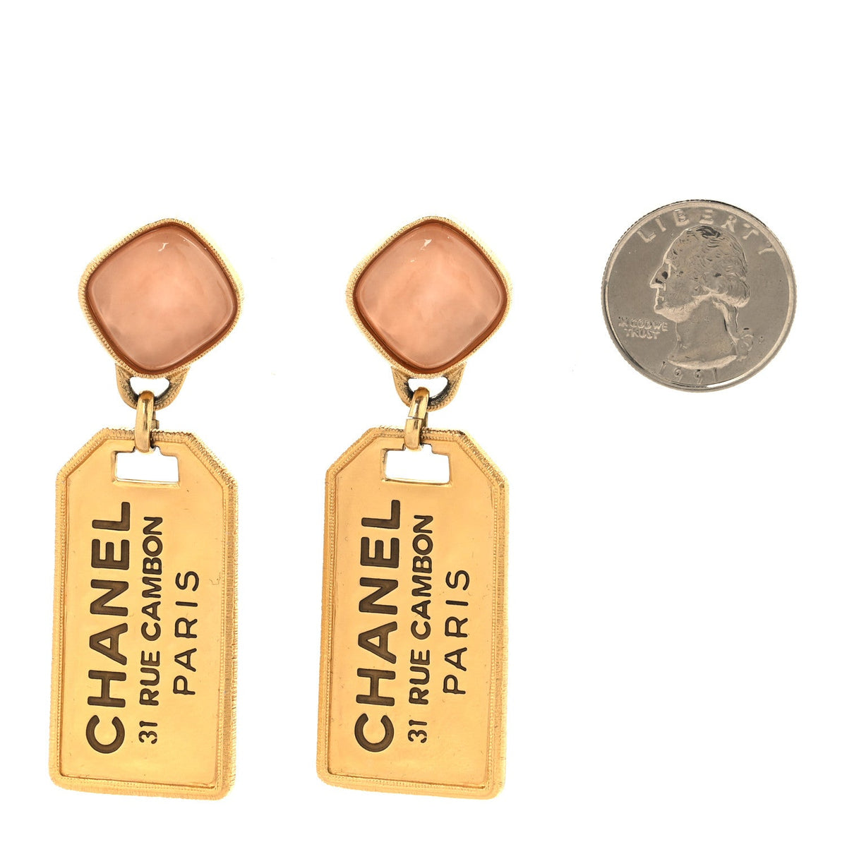 CC Tags Drop Earrings Gold Pink
