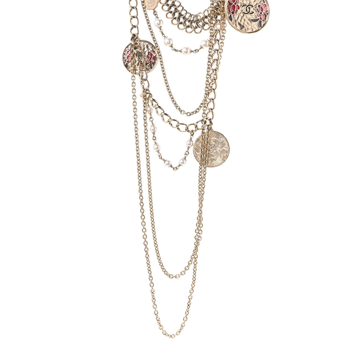 Resin Pearl Metal CC Camellia Multi Strand Chain Necklace Pink Gold