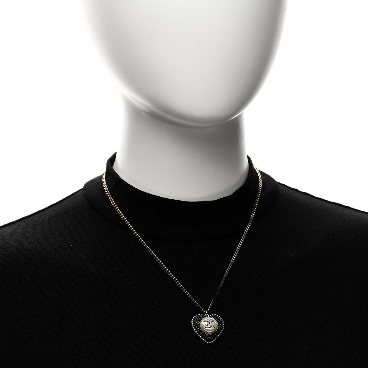 Pearl Crystal CC Heart Necklace Gold Pearly White Black