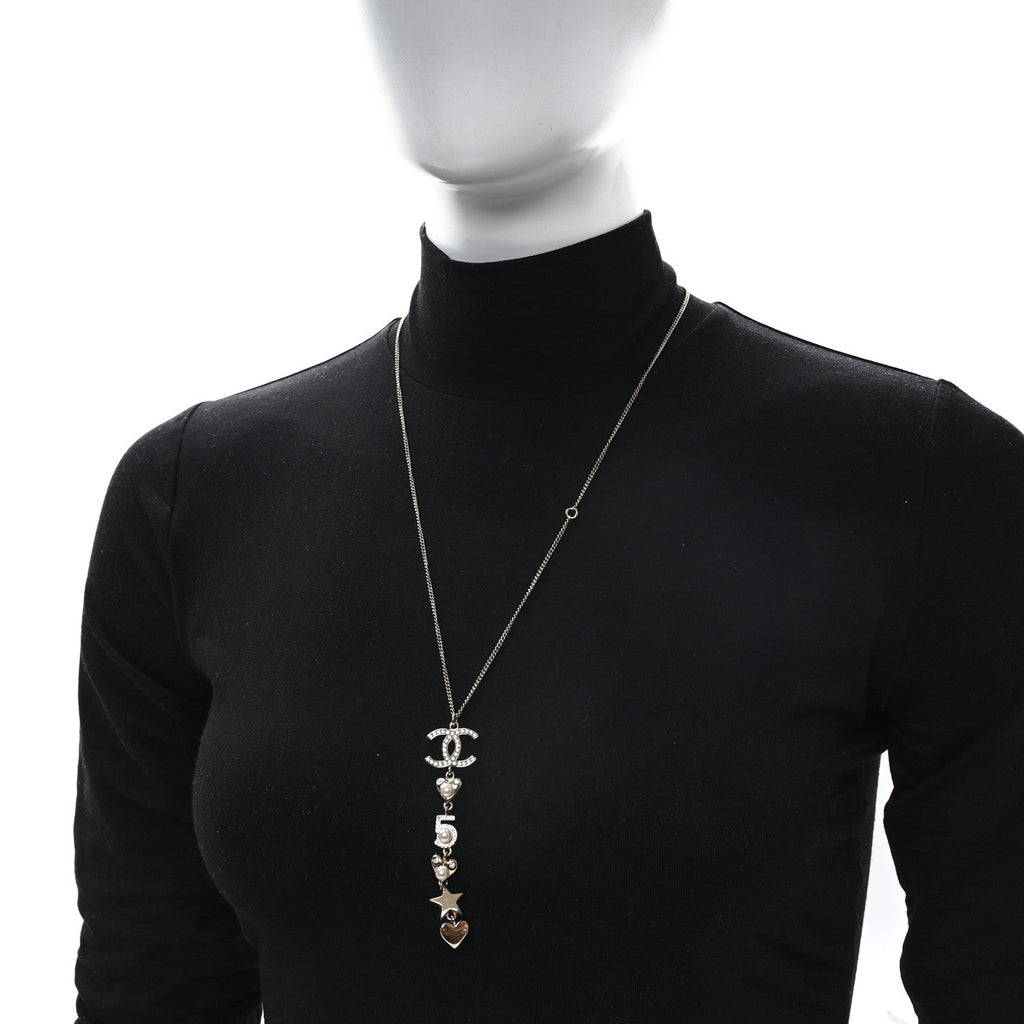 Pearl Crystal CC No 5 Heart Star Pendant Necklace Gold