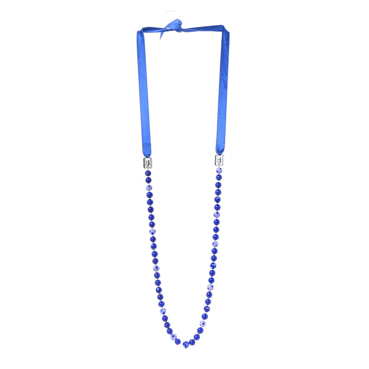 Pearl Beaded Ribbon Necklace Blue