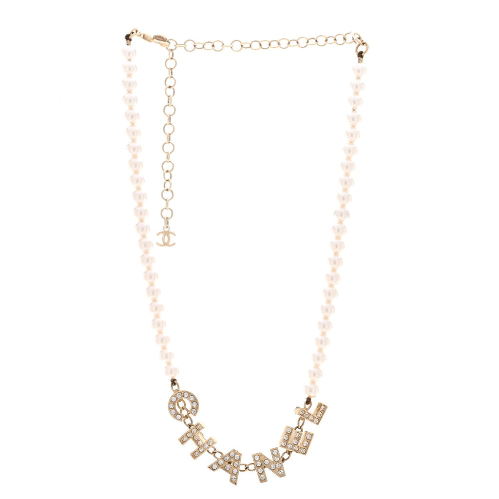 Pearl Crystal CC Logo Choker Necklace Gold