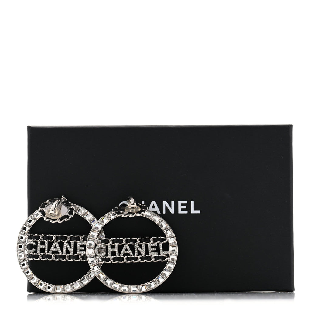 Crystal Lambskin Chain CC Hoop Clip On Earrings Black Silver