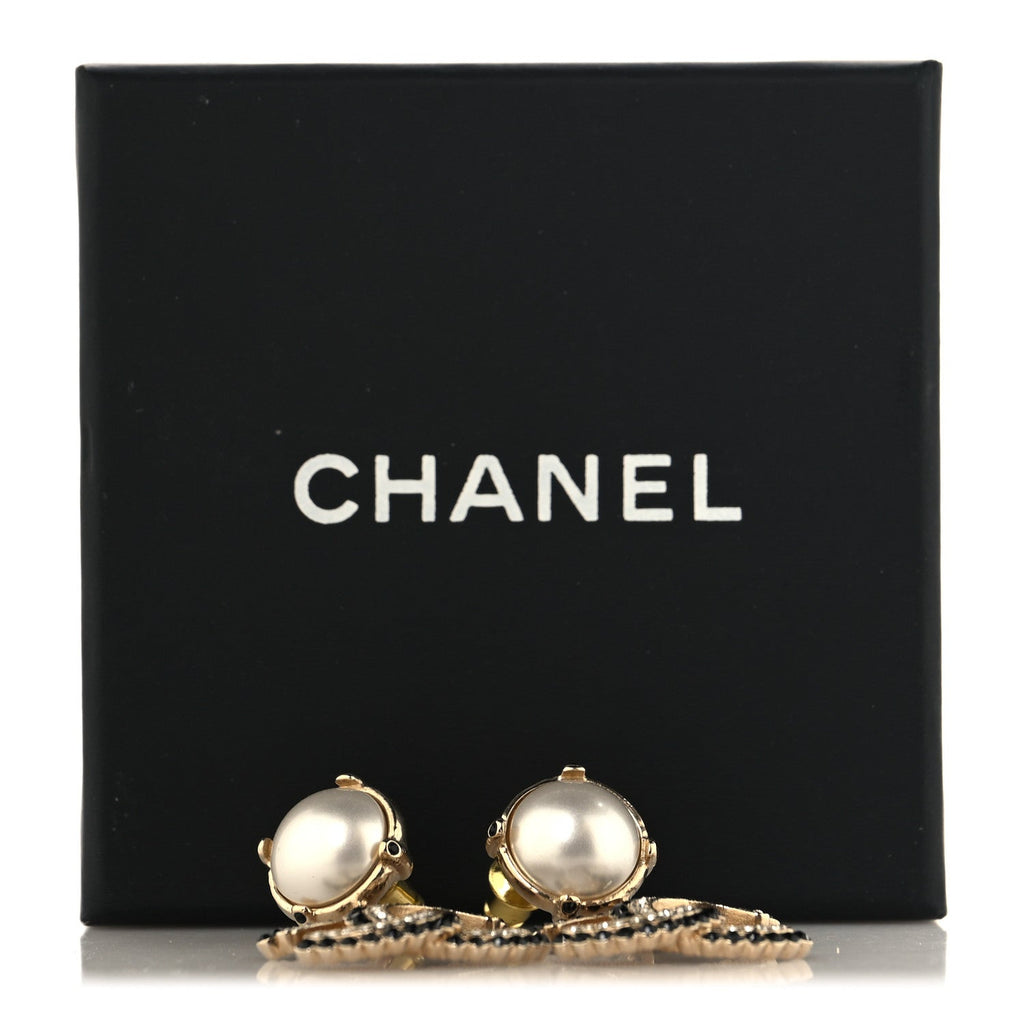 Pearl Crystal CC Drop Earrings Black Gold