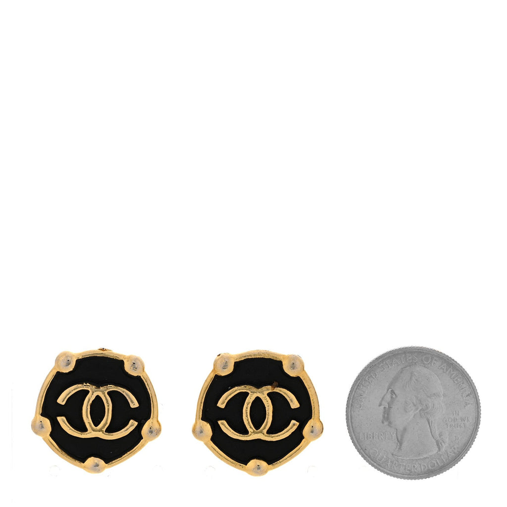 CC Round Clip On Earrings Black Gold