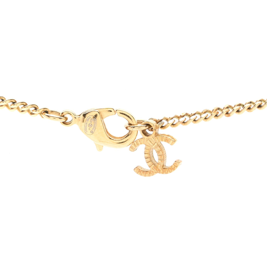 Metal Crystal Pearl 90s Camellia CC Drop Necklace Gold Pearly White
