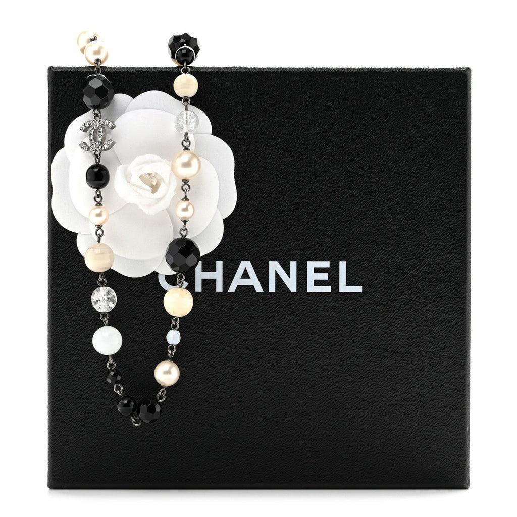 Pearl Crystal Bead CC Long Necklace Black Silver