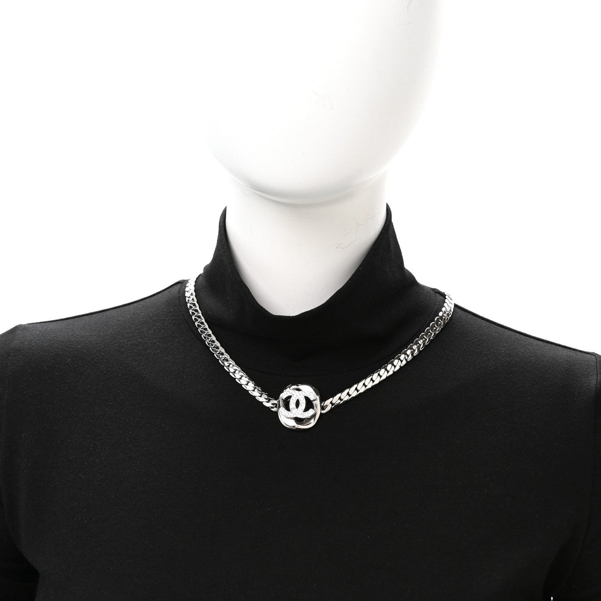 Metal Crystal CC Choker Necklace Silver