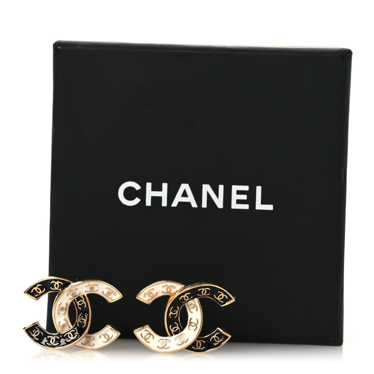 Enamel CC Logo Earrings Gold Black White