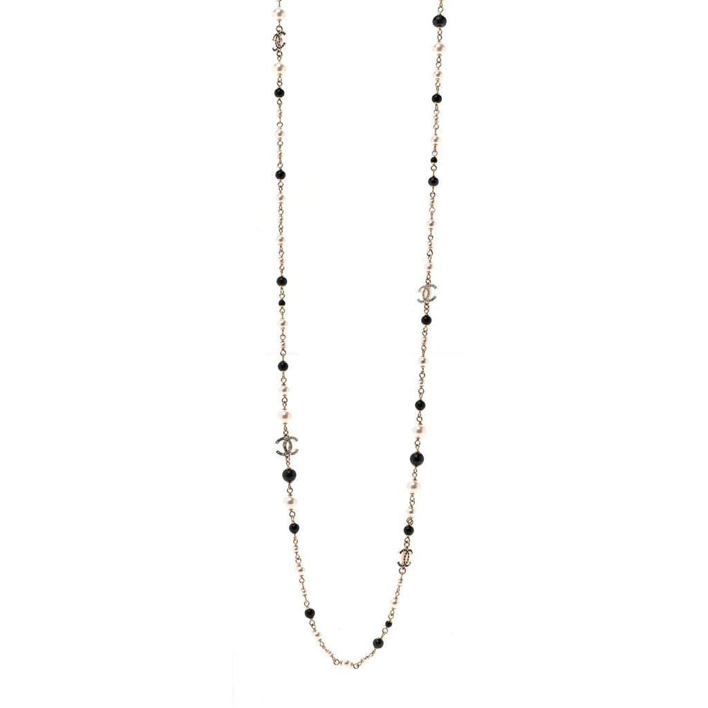 Pearl Bead Crystal CC Long Necklace Black Gold