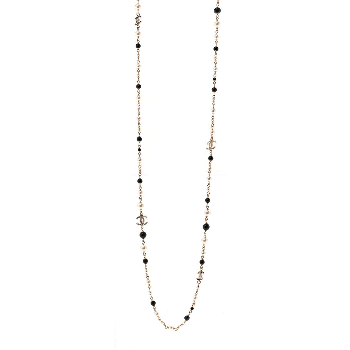 Pearl Bead Crystal CC Long Necklace Black Gold