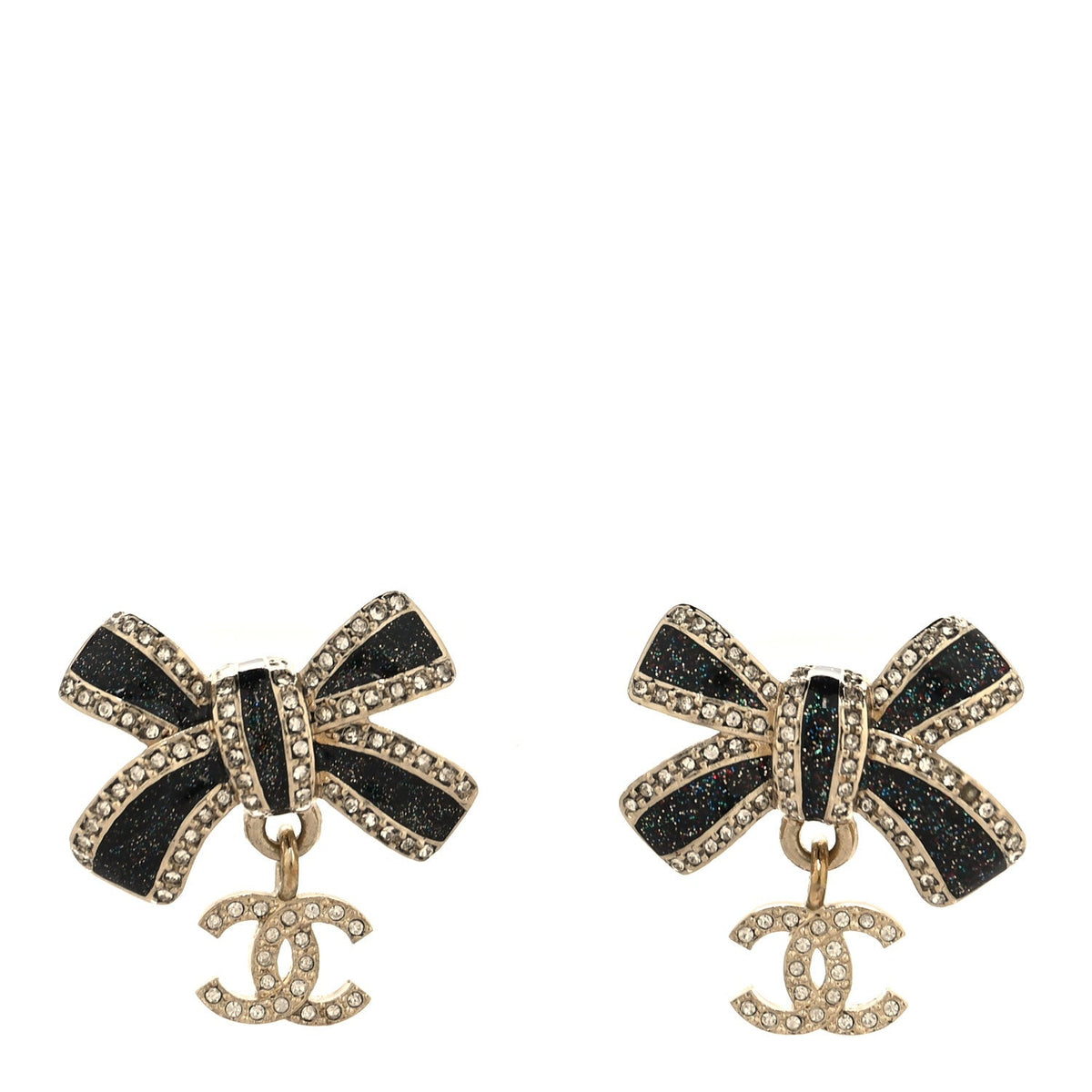 Crystal Glitter Bow Drop CC Earrings Gold Black