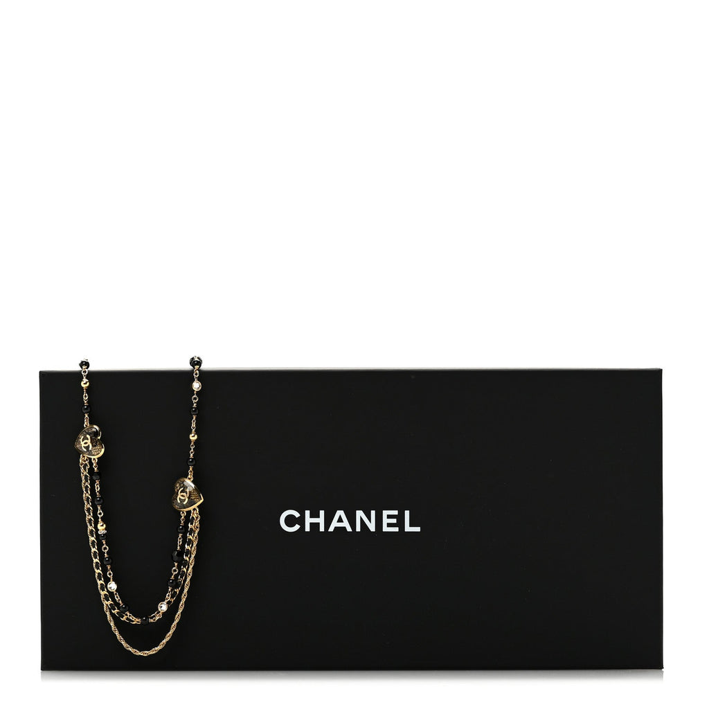 Crystal Beaded CC Heart Long Necklace Gold Black