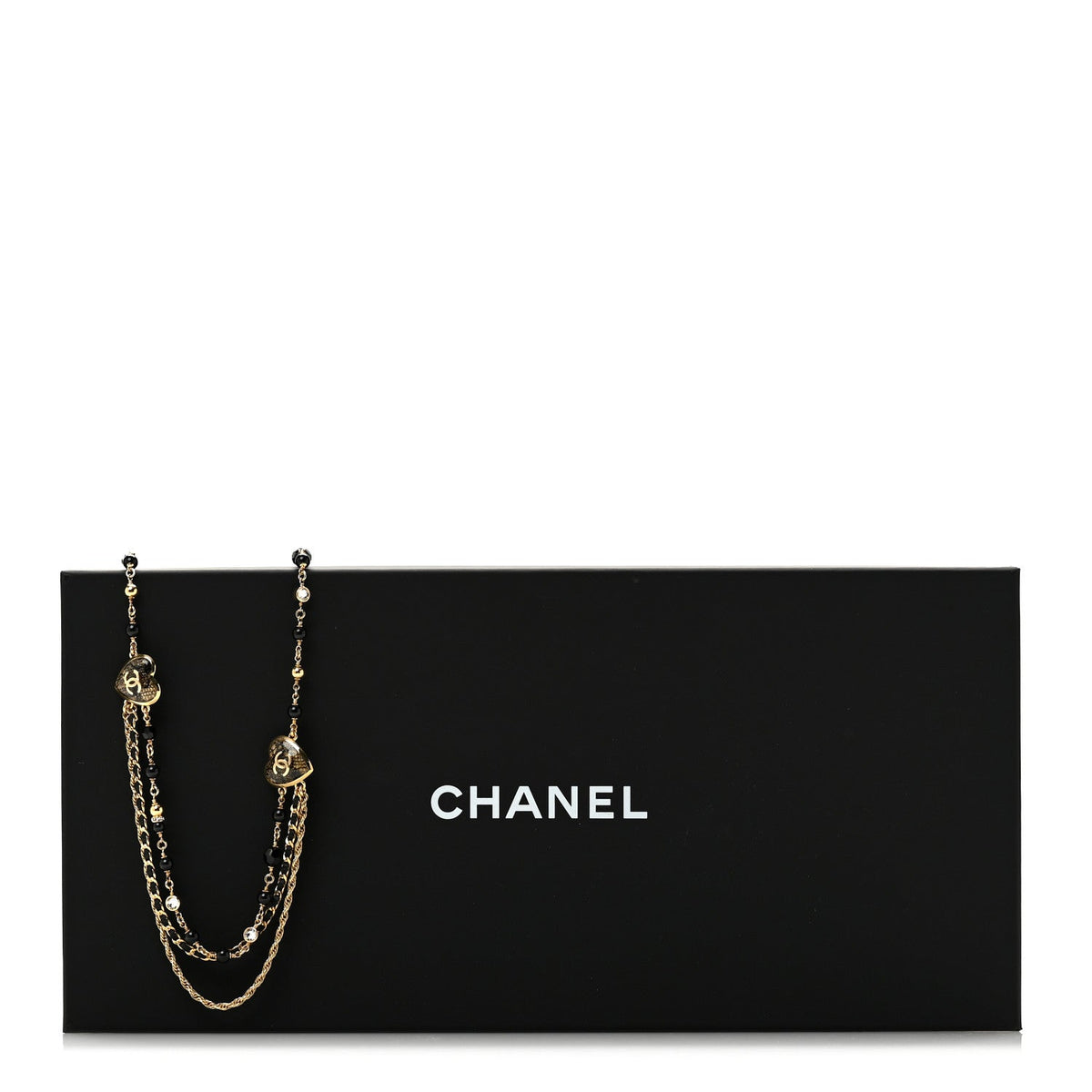 Crystal Beaded CC Heart Long Necklace Gold Black