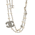 Graduated Pearl Crystal CC Long Necklace Gold Pearly White