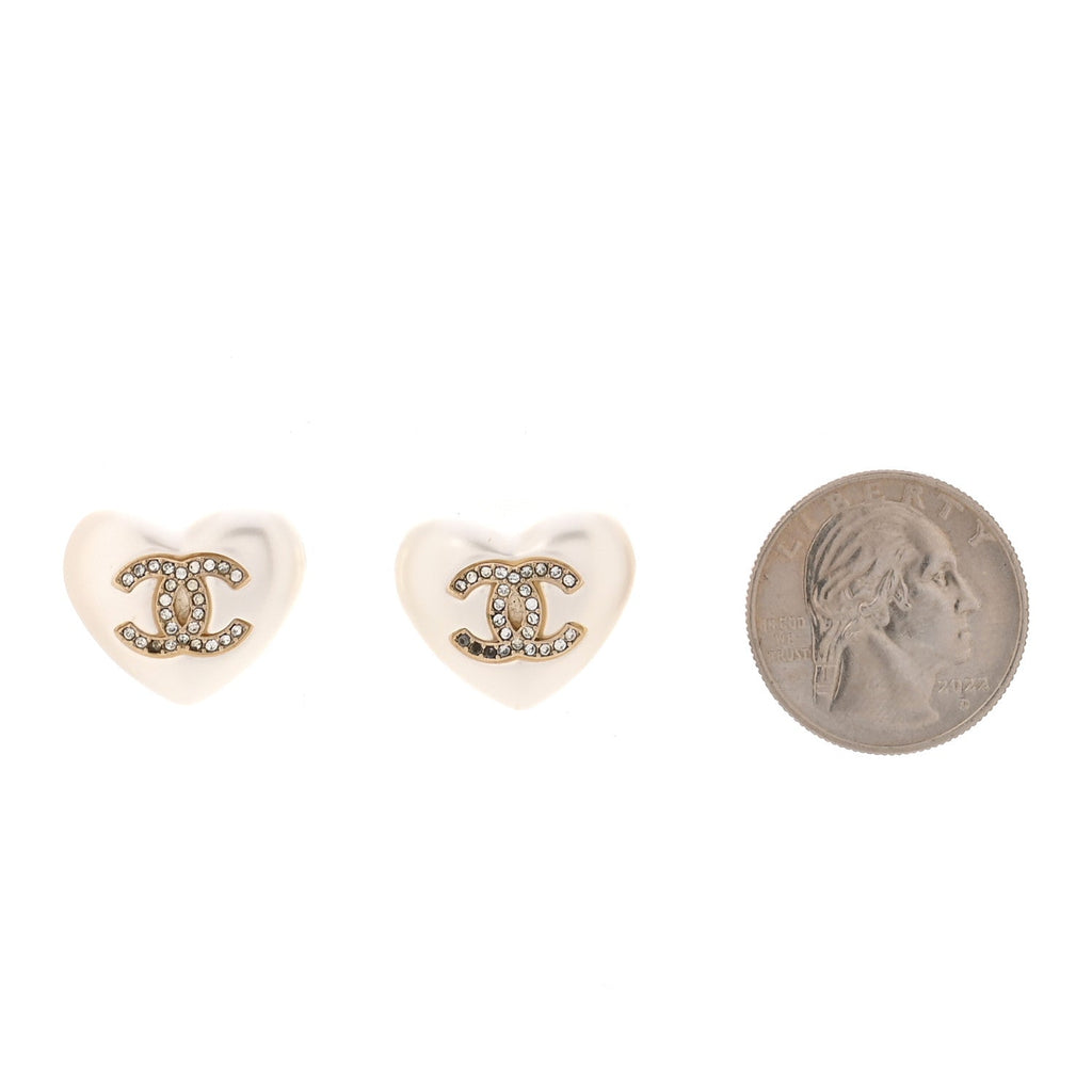 Pearl Crystal CC Heart Earrings Gold