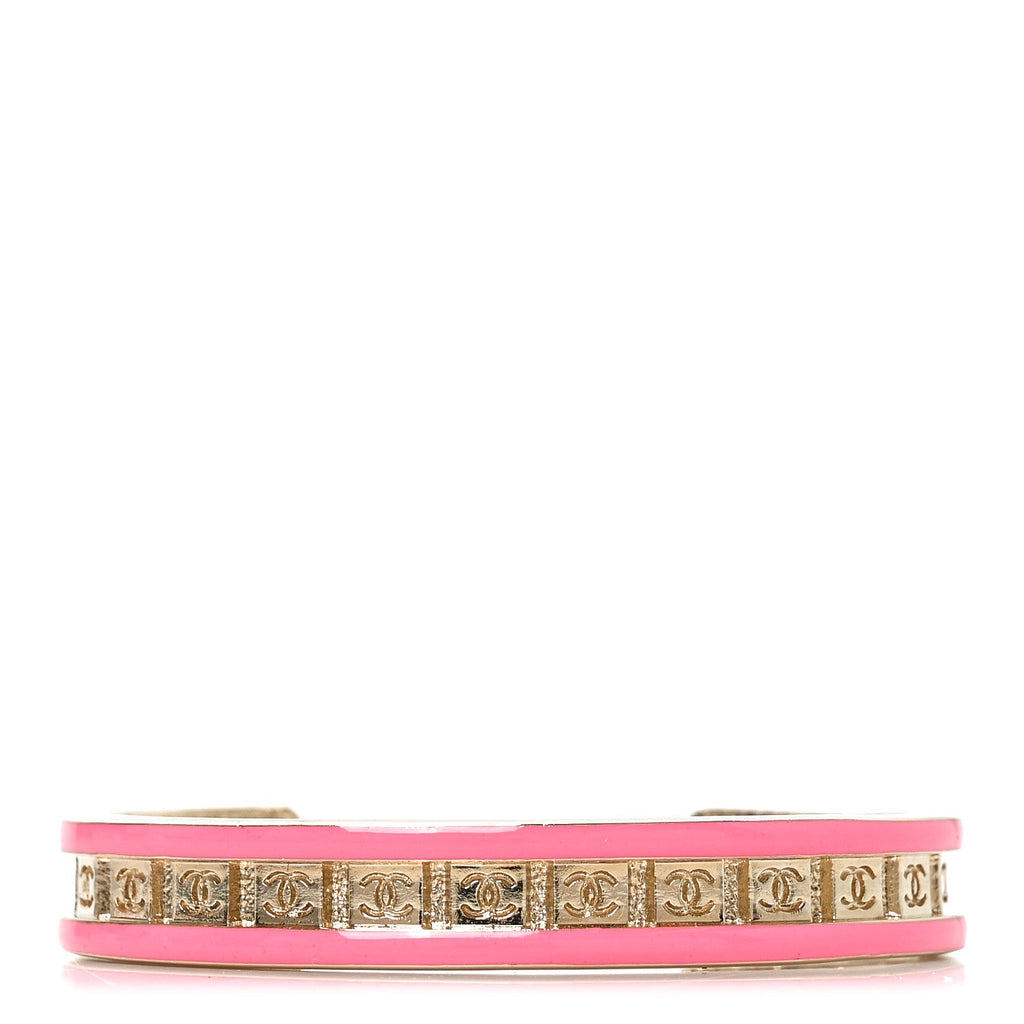 Metal Enamel CC Cuff Bracelet S Gold Pink