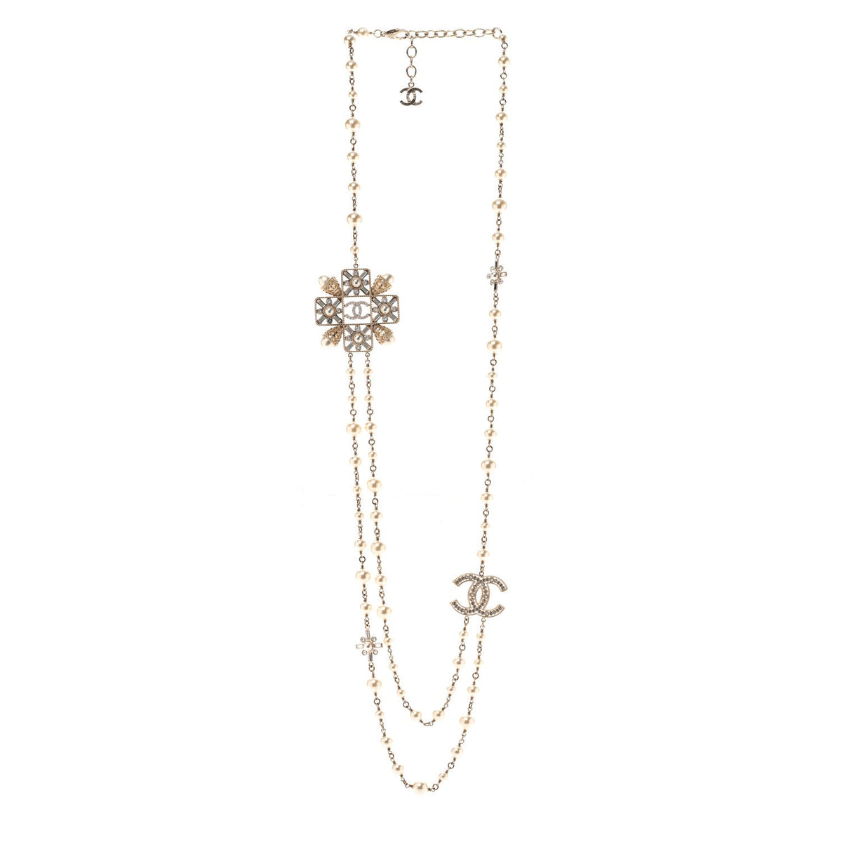 Pearl Crystal CC Long Necklace Gold