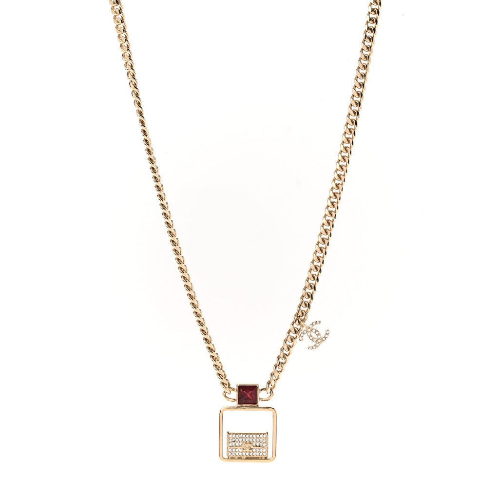 Metal Crystal Quilted Flap Bag Necklace Red Gold