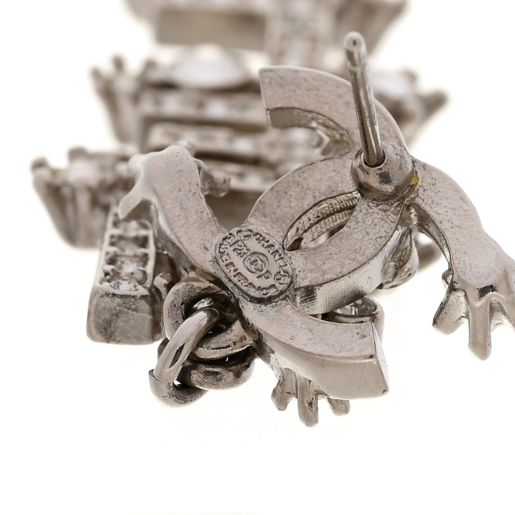 Crystal Cha-Nel Logo Drop Earrings Silver