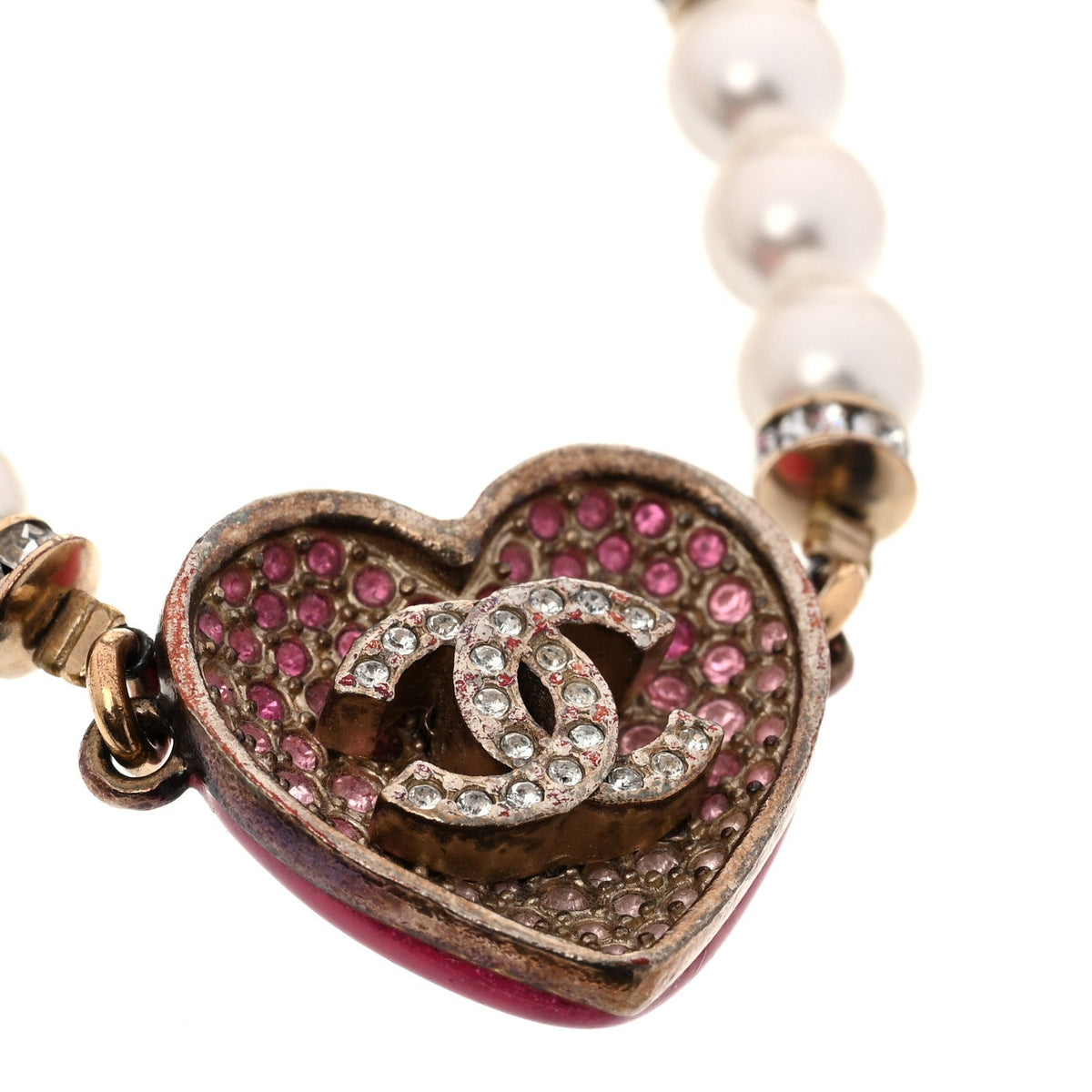 Resin Crystal Pearl Chain Heart CC Bracelet Pink White Gold