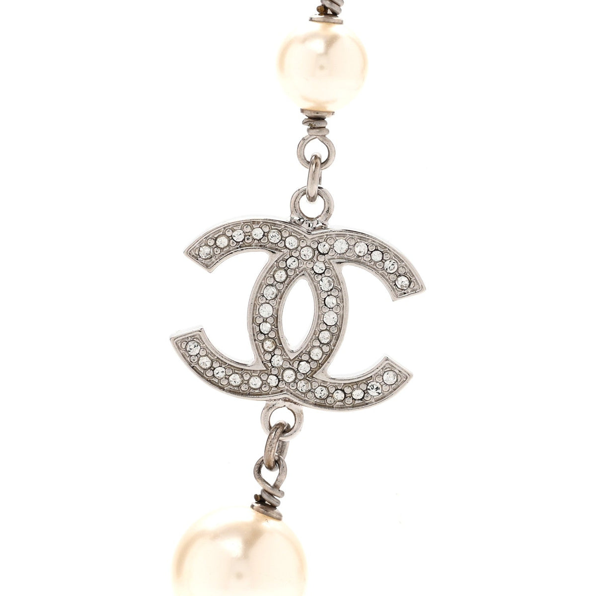Graduated Pearl Crystal CC Long Necklace Silver