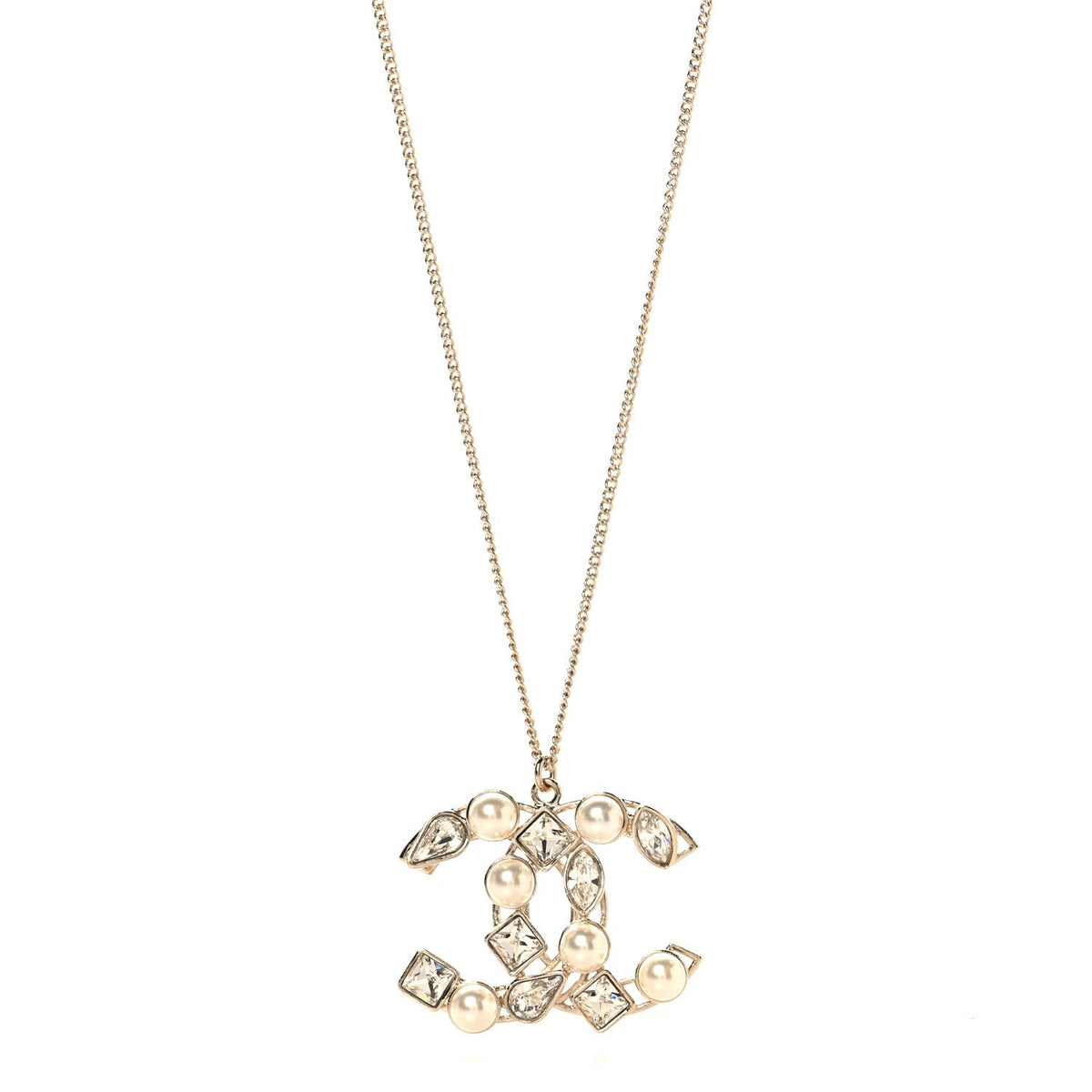 Crystal Pearl CC Pendant Necklace Gold
