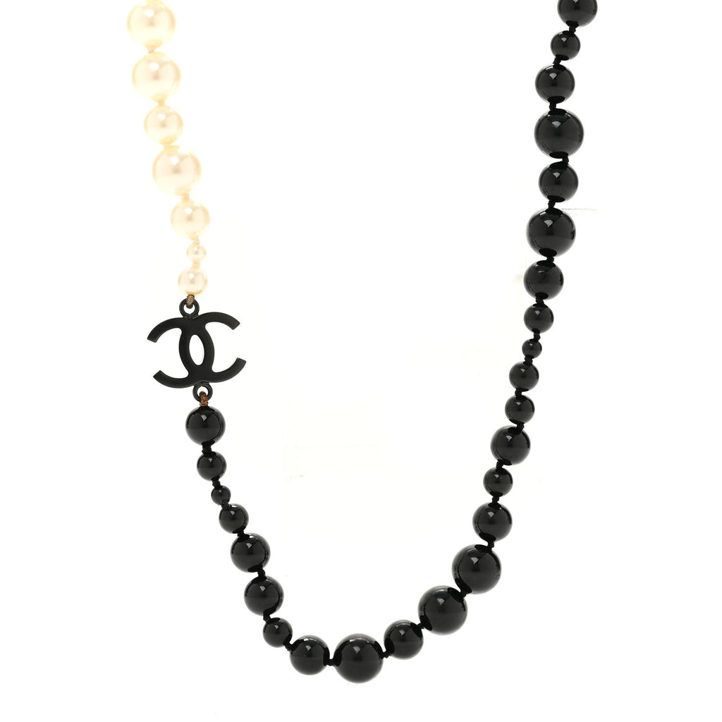 Ruthenium Pearl Beaded Enamel CC Long Necklace White Black