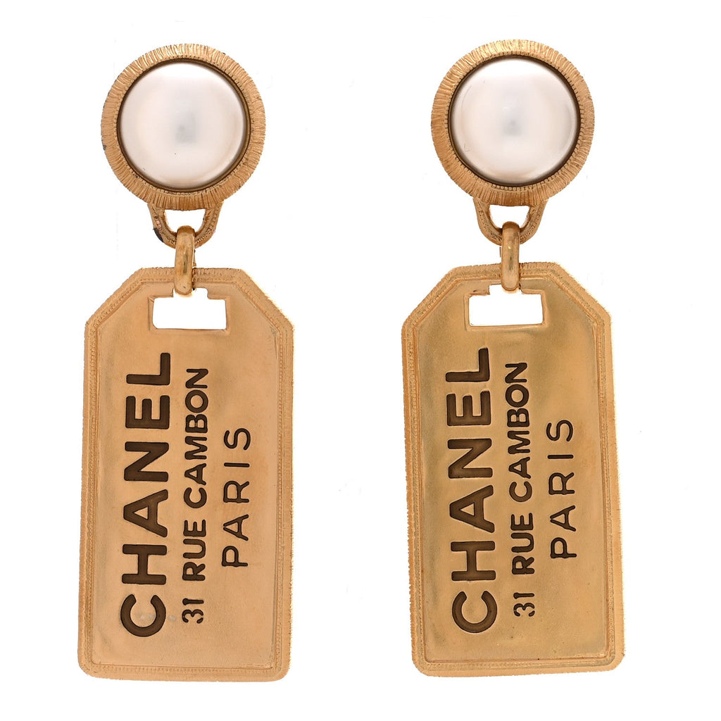 Pearl CC Tags Drop Earrings Gold