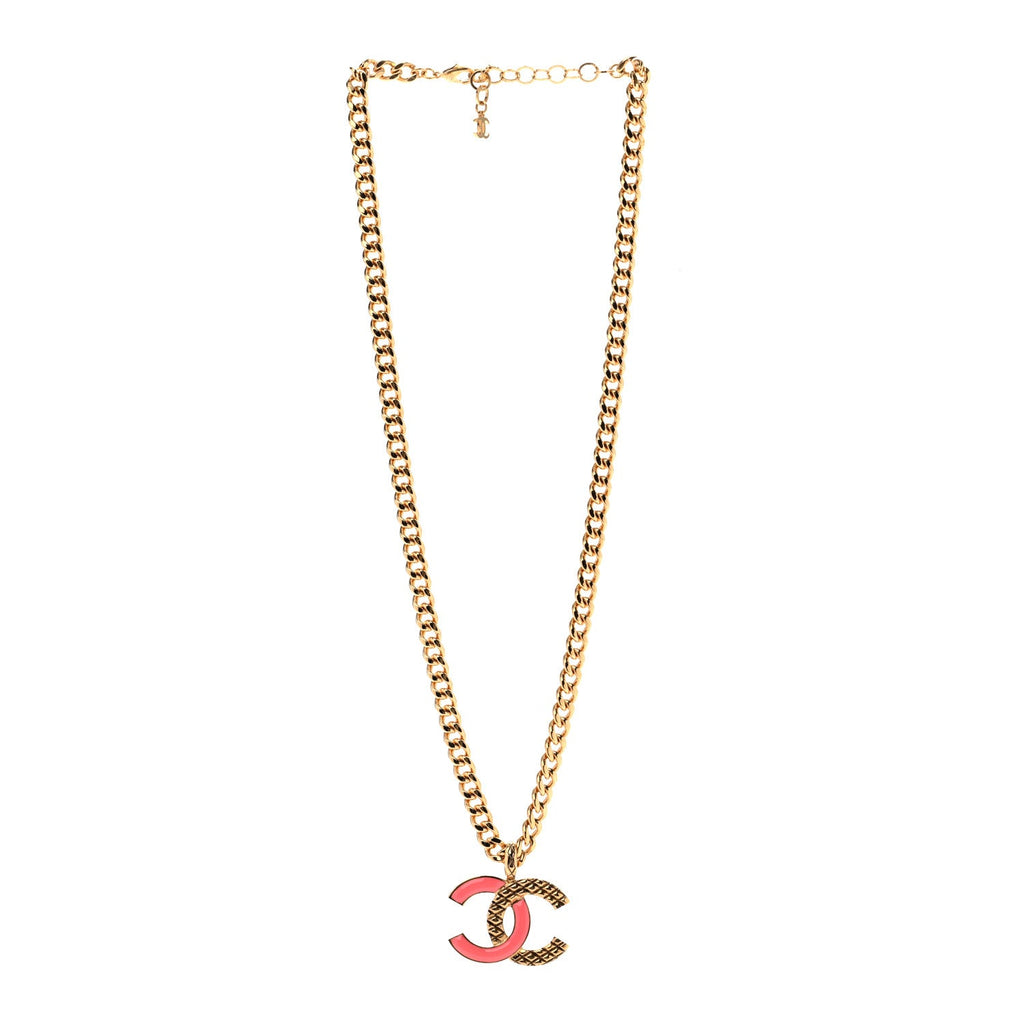 Metal Enamel Quilted CC Chain Necklace Pendant Gold Pink