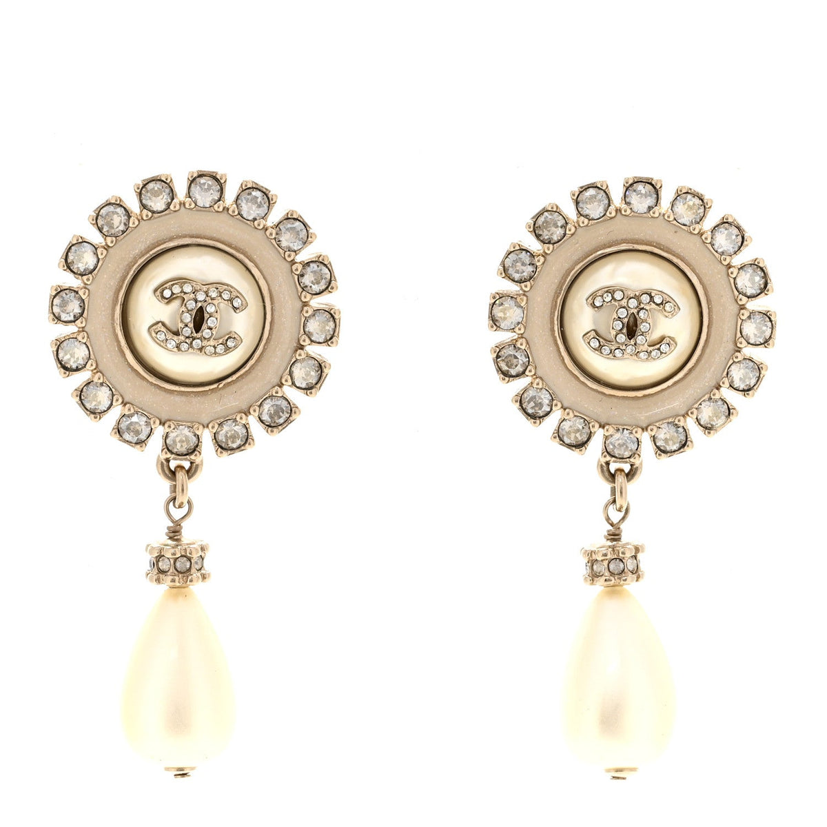 Crystal Pearl Enamel CC Drop Earrings Gold White